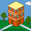 pixel apartment building with trees and blue sky